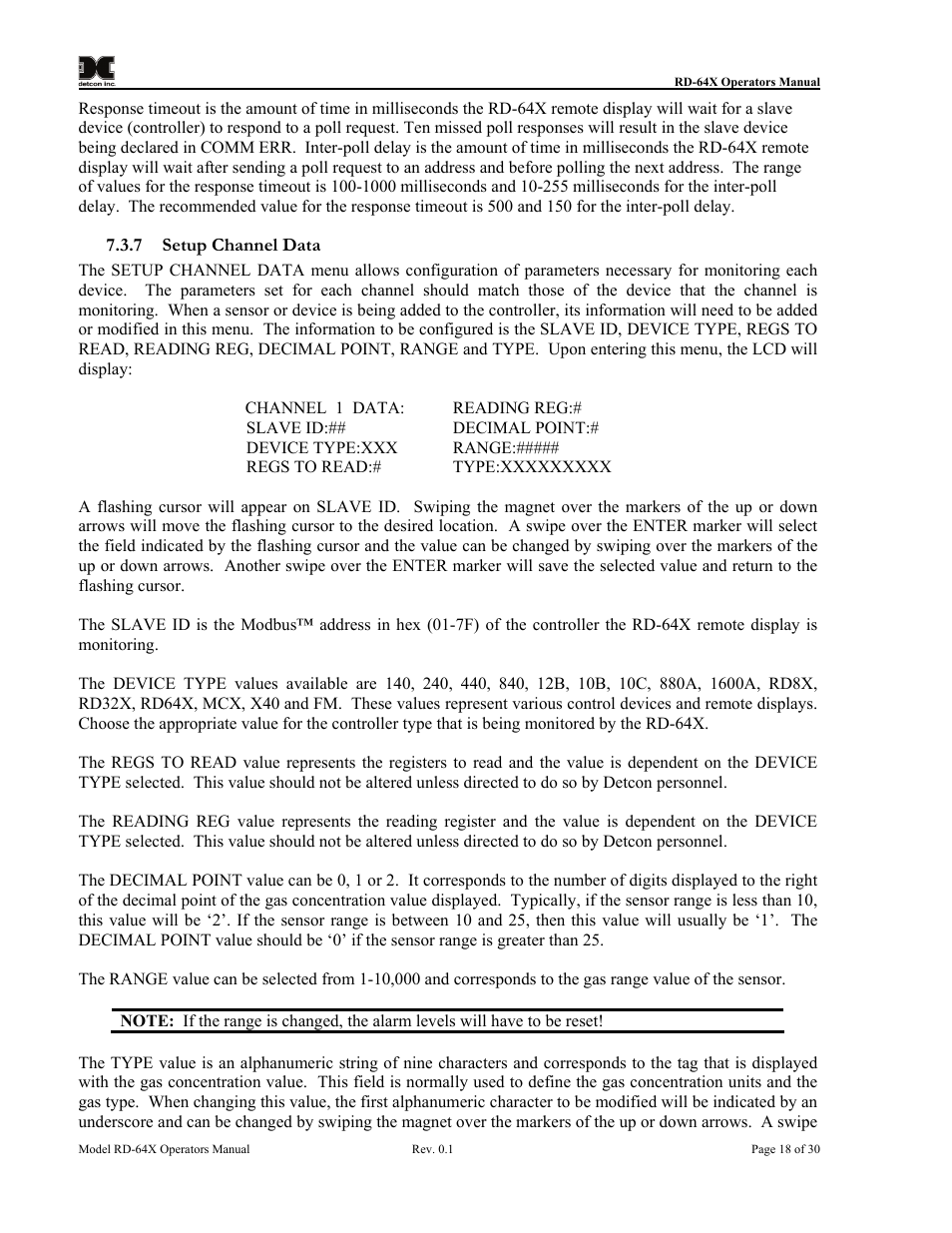Setup channel data | Detcon RD-64X-N7 User Manual | Page 22 / 41