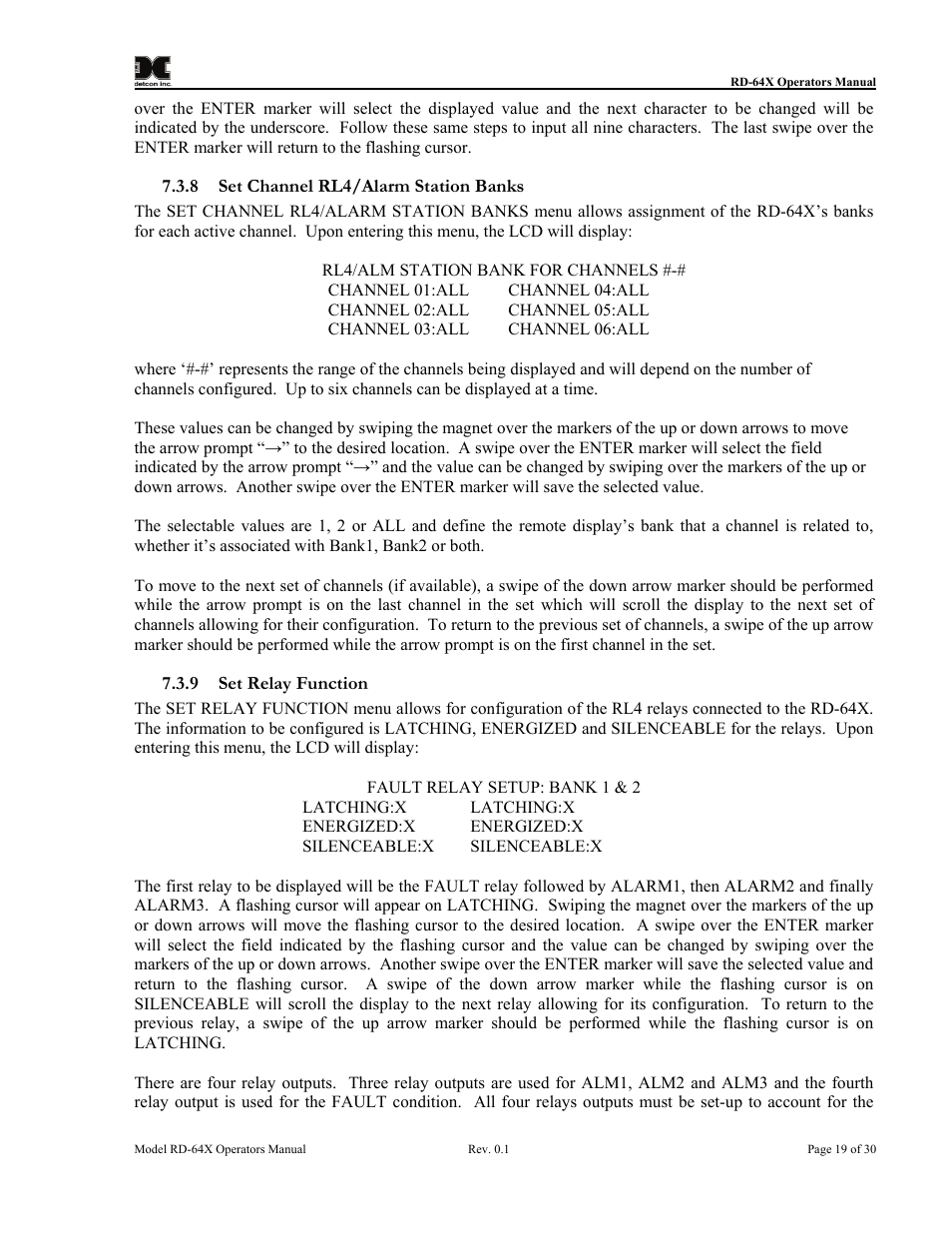 Set channel rl4/alarm station banks, Set relay function, Nnels via the set channel rl4/alarm station banks | Nu in section 7.3.8, Latching (see section 7.3.9) | Detcon RD-64X-N7 User Manual | Page 23 / 41