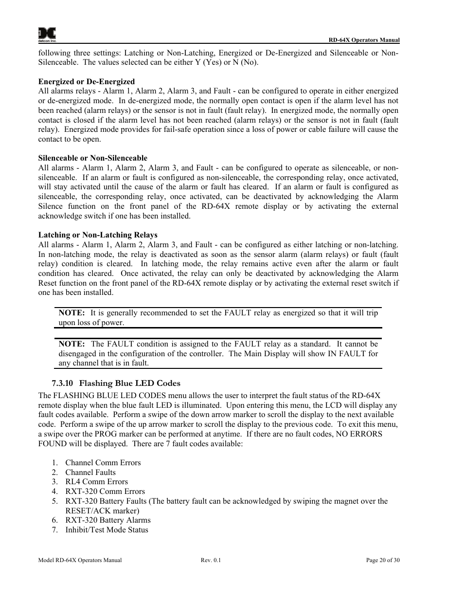 Flashing blue led codes | Detcon RD-64X-N7 User Manual | Page 24 / 41