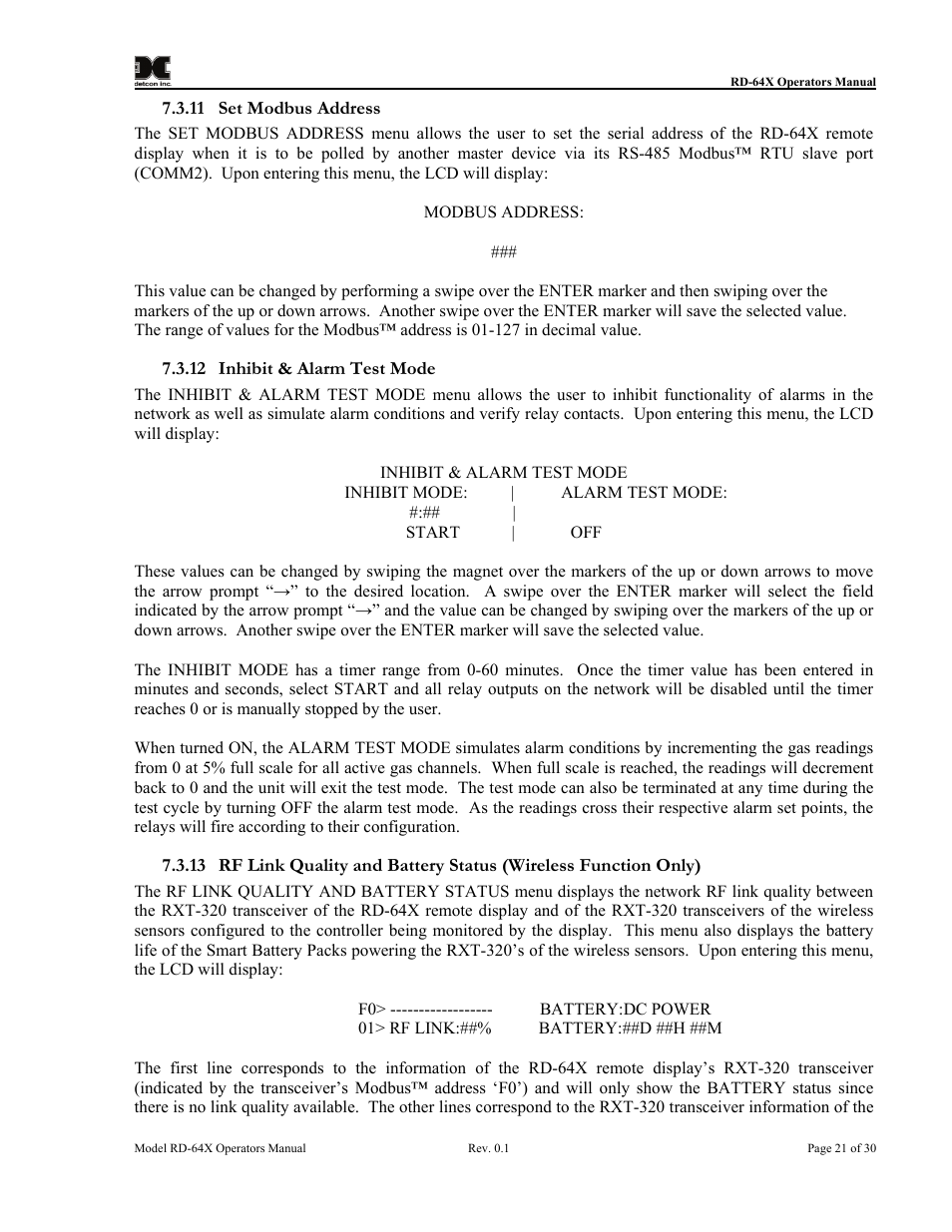 Set modbus address, Inhibit & alarm test mode | Detcon RD-64X-N7 User Manual | Page 25 / 41
