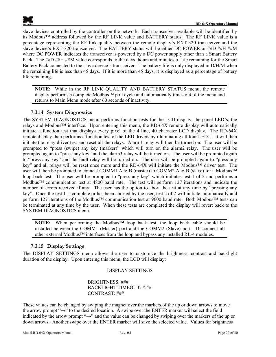 System diagnostics, Display settings | Detcon RD-64X-N7 User Manual | Page 26 / 41