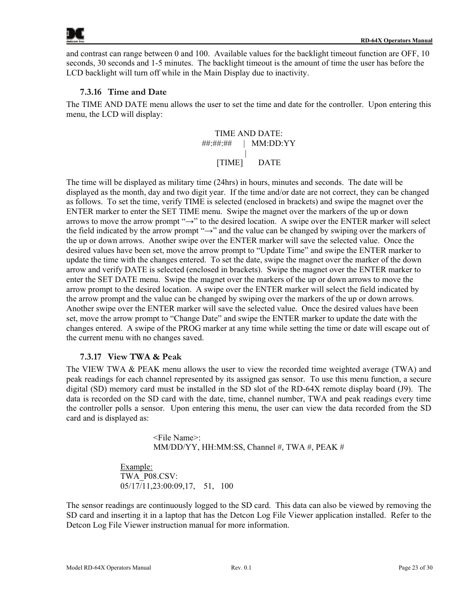 Time and date, View twa & peak | Detcon RD-64X-N7 User Manual | Page 27 / 41
