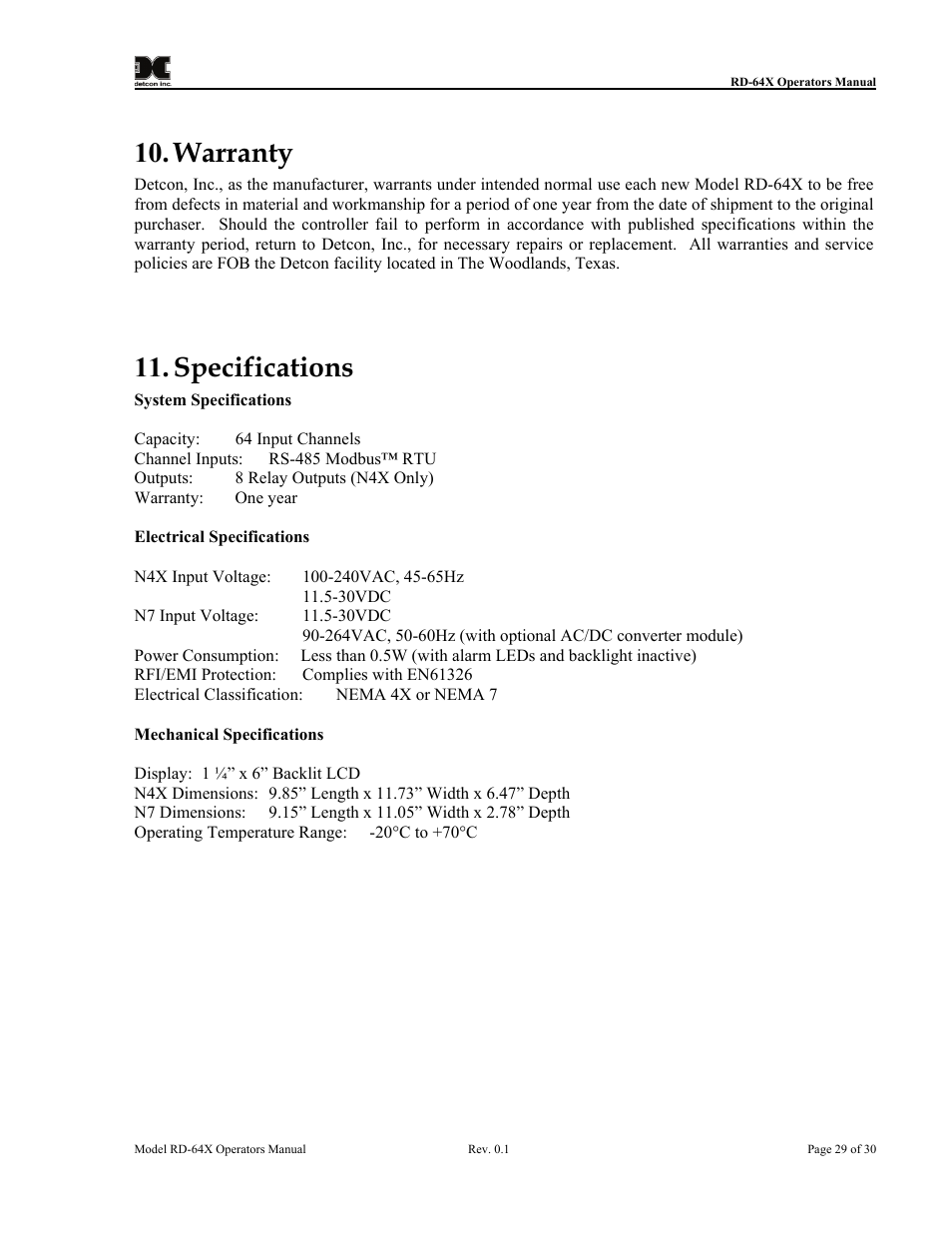 Warranty, Specifications | Detcon RD-64X-N7 User Manual | Page 33 / 41