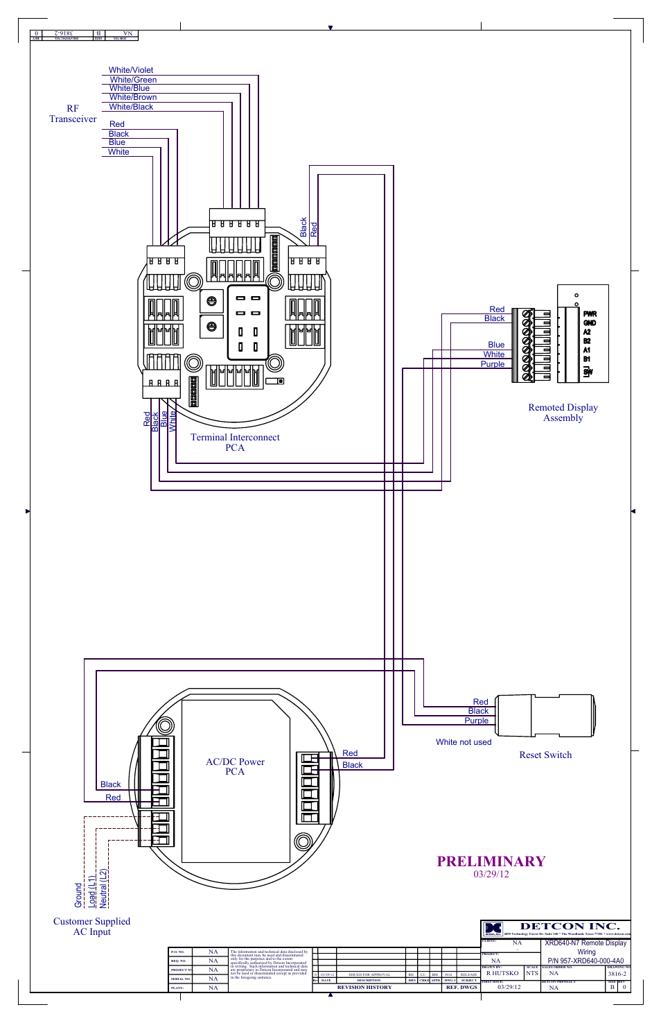 Preliminary, Customer supplied ac input, Detcon inc | Ground load (l1) neutral (l2), Red white not used black white blue black red | Detcon RD-64X-N7 User Manual | Page 41 / 41