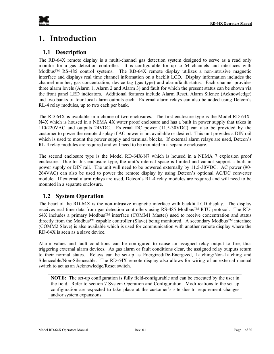 Introduction, Description, System operation | Detcon RD-64X-N7 User Manual | Page 5 / 41