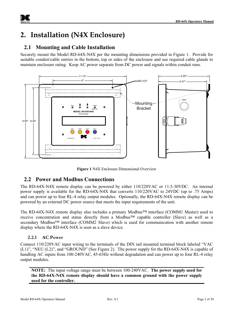 Installation (n4x enclosure), Mounting and cable installation, Power and modbus connections | Ac power, Figure 1 n4x enclosure dimensional overview, 1 mounting and cable installation, 2 power and modbus connections | Detcon RD-64X-N7 User Manual | Page 6 / 41