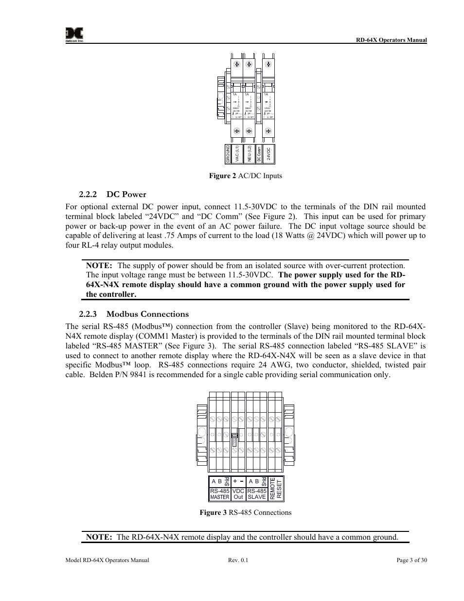 Dc power, Modbus connections, Figure 2 ac/dc inputs | Figure 3 rs-485 connections, 2 dc power, 3 modbus connections | Detcon RD-64X-N7 User Manual | Page 7 / 41