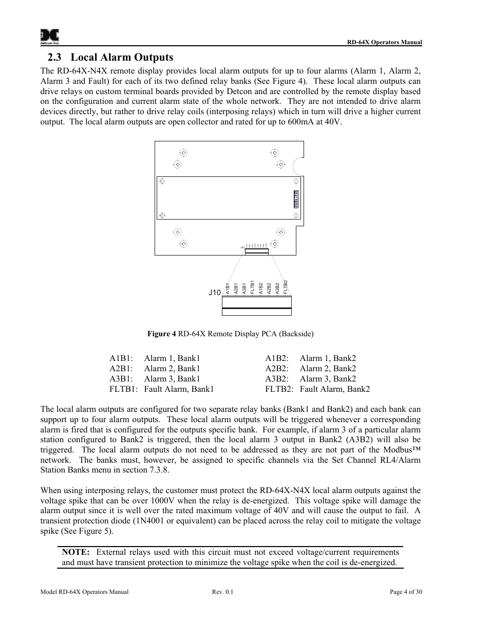 Local alarm outputs, Figure 4 rd-64x remote display pca (backside), 3 local alarm outputs | Detcon RD-64X-N7 User Manual | Page 8 / 41