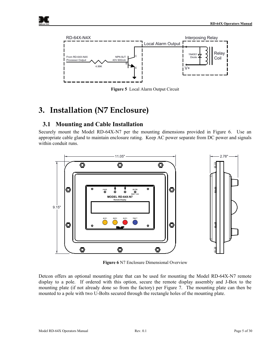Installation (n7 enclosure), Mounting and cable installation, Figure 5 local alarm output circuit | Figure 6 n7 enclosure dimensional overview, Figure 5, 1 mounting and cable installation | Detcon RD-64X-N7 User Manual | Page 9 / 41