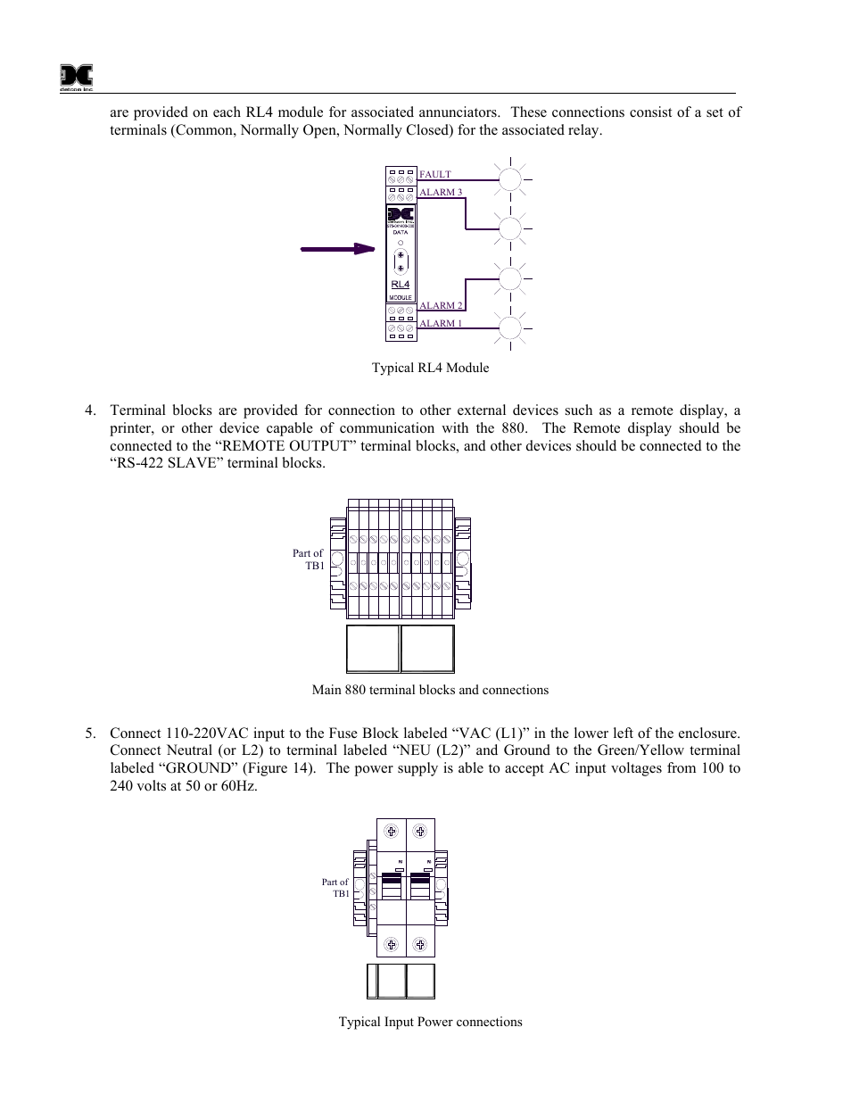 Figure 12 typical rl4 module, Figure 13 main 880 terminal blocks and connections, Figure 14 typical input power connections | Detcon 880S-N1R User Manual | Page 14 / 45