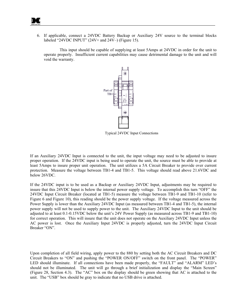 3 battery backup - auxiliary 24vdc input, 4 initial power checks, Battery backup - auxiliary 24vdc input | Initial power checks, Figure 15 typical 24vdc input connections | Detcon 880S-N1R User Manual | Page 15 / 45