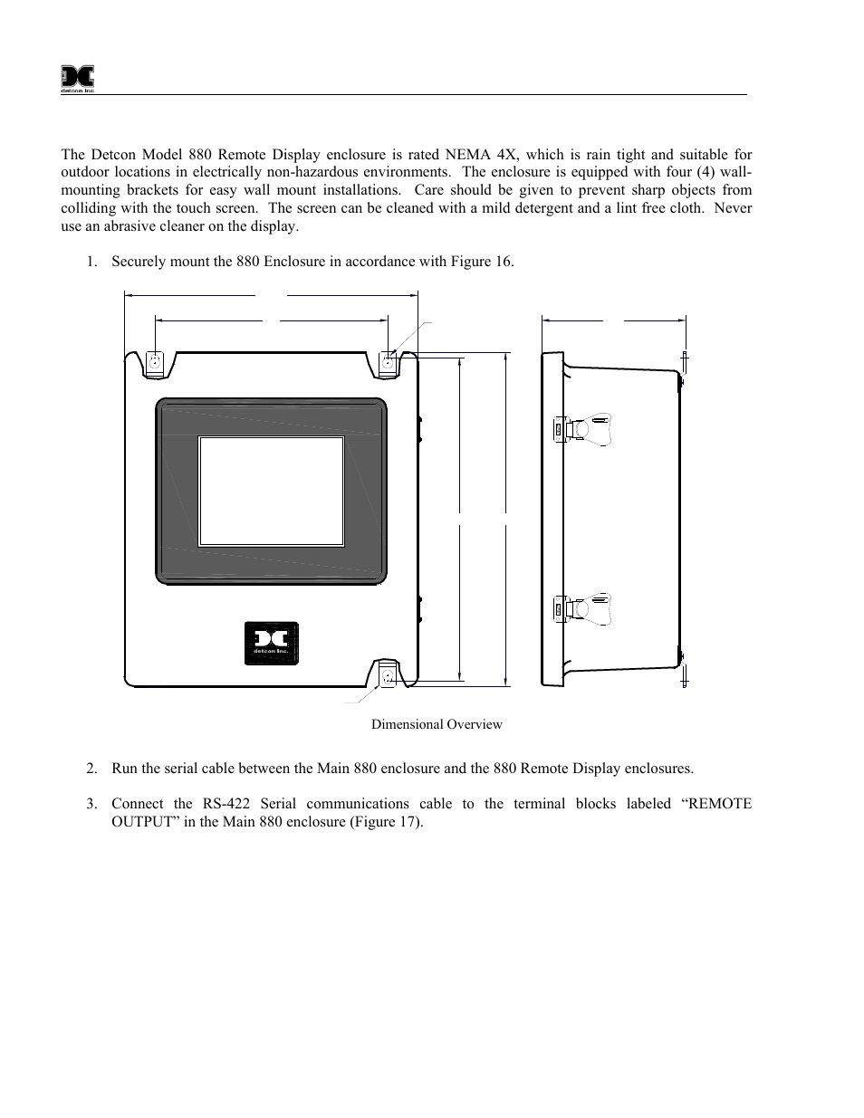 5 880 remote display installation (optional), 880 remote display installation (optional), Figure 16 dimensional overview | Detcon 880S-N1R User Manual | Page 16 / 45