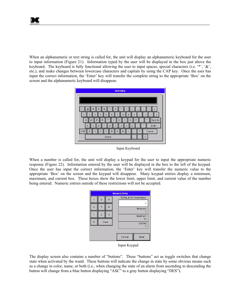0 setup, 1 user interface, Setup | User interface, Figure 21 input keyboard, Figure 22 input keypad | Detcon 880S-N1R User Manual | Page 19 / 45