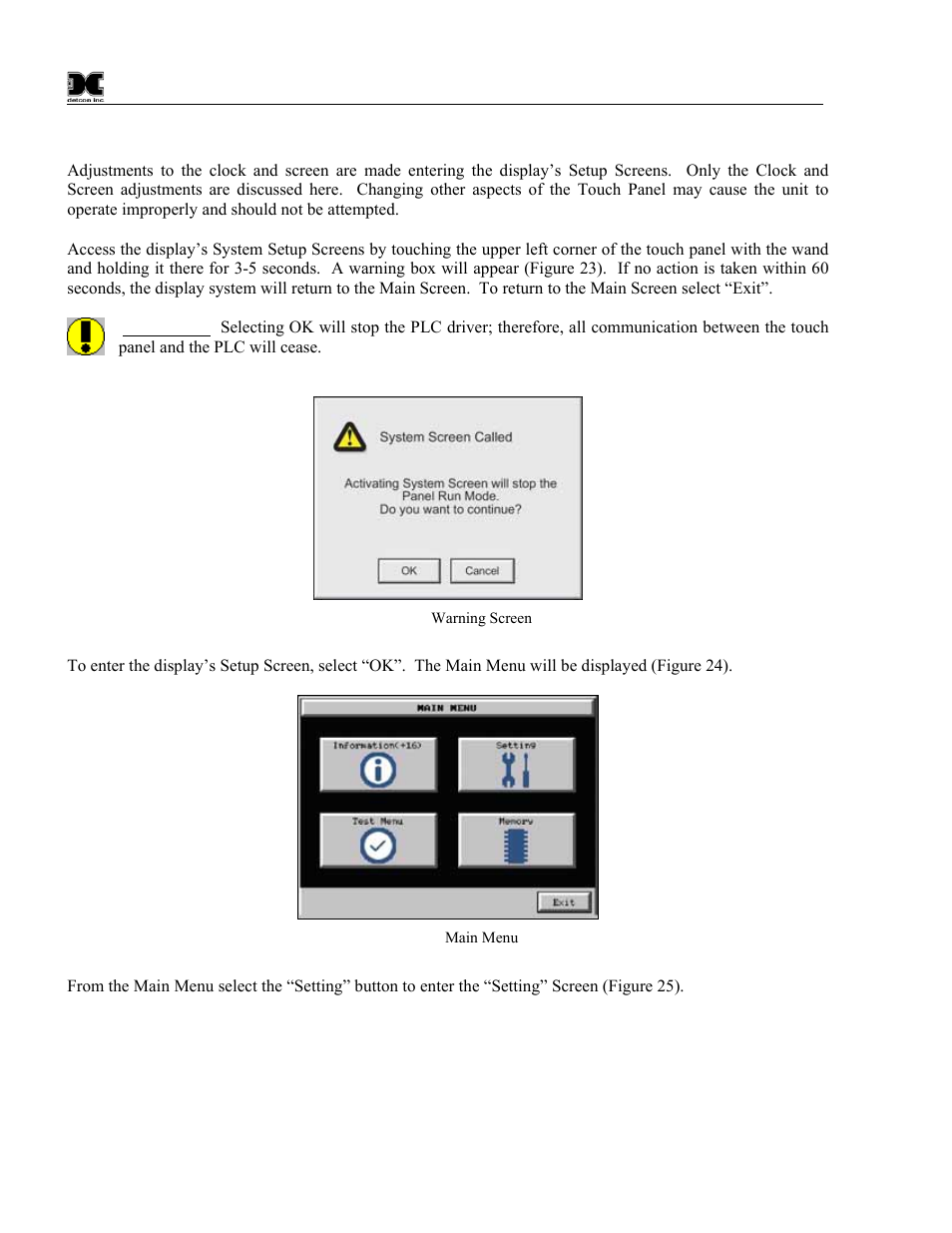 2 clock and screen adjustments, Clock and screen adjustments, Figure 23 warning screen | Figure 24 main menu | Detcon 880S-N1R User Manual | Page 20 / 45