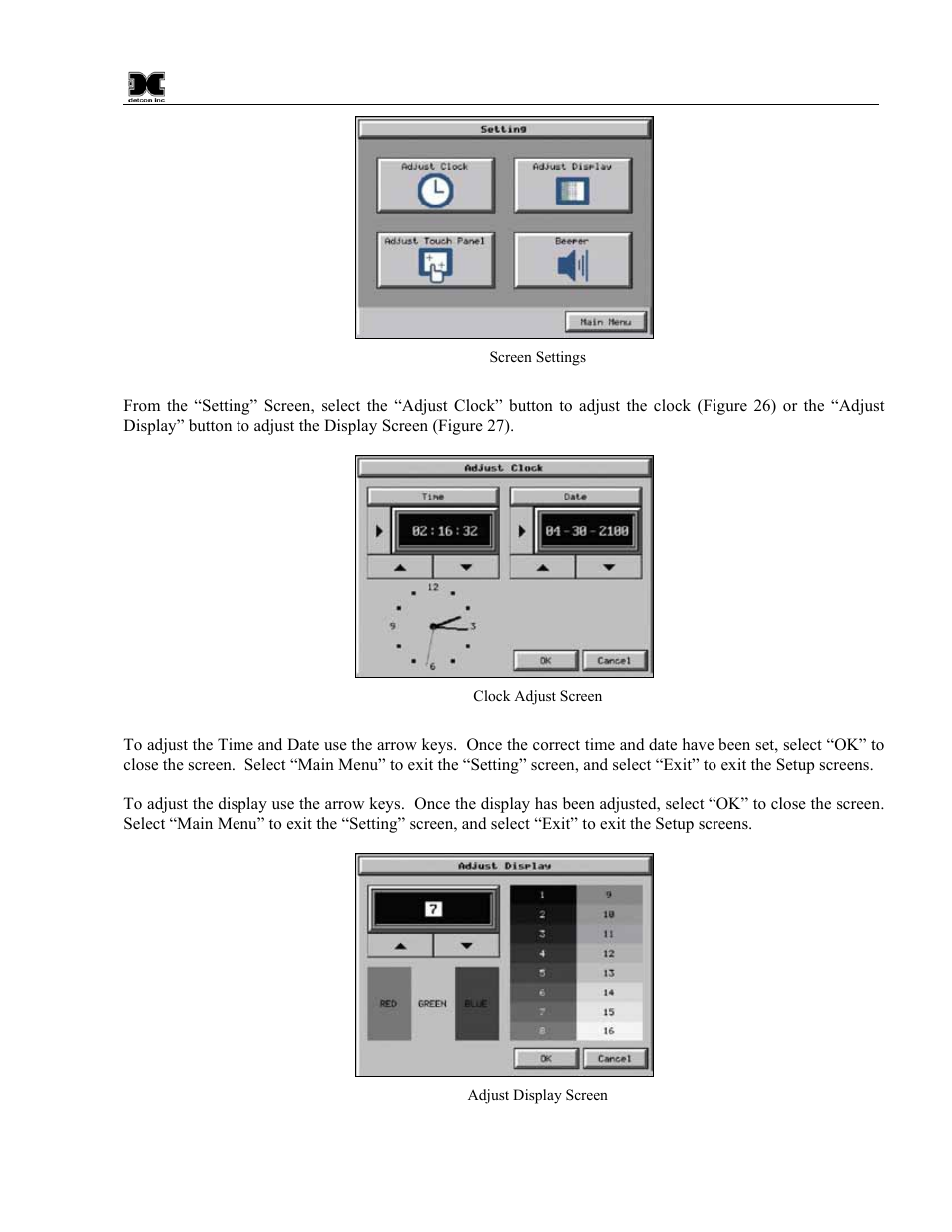 Figure 25 screen settings, Figure 26 clock adjust screen, Figure 27 adjust display screen | Detcon 880S-N1R User Manual | Page 21 / 45