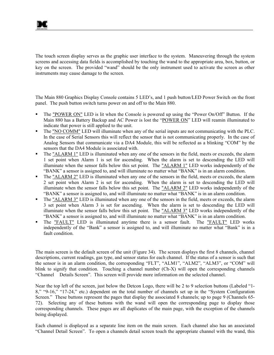 0 system operation, 1 alarm indicators, 2 main screen | System operation, Alarm indicators, Main screen | Detcon 880S-N1R User Manual | Page 29 / 45