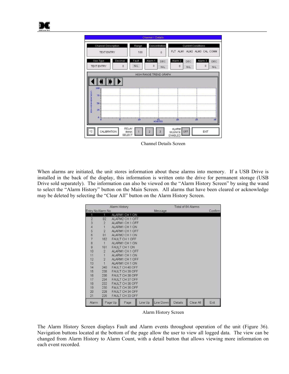 4 alarm history screen, Alarm history screen, Figure 35 channel details screen | Figure 36 alarm history screen, Figure 35). this screen provides a graphic | Detcon 880S-N1R User Manual | Page 31 / 45