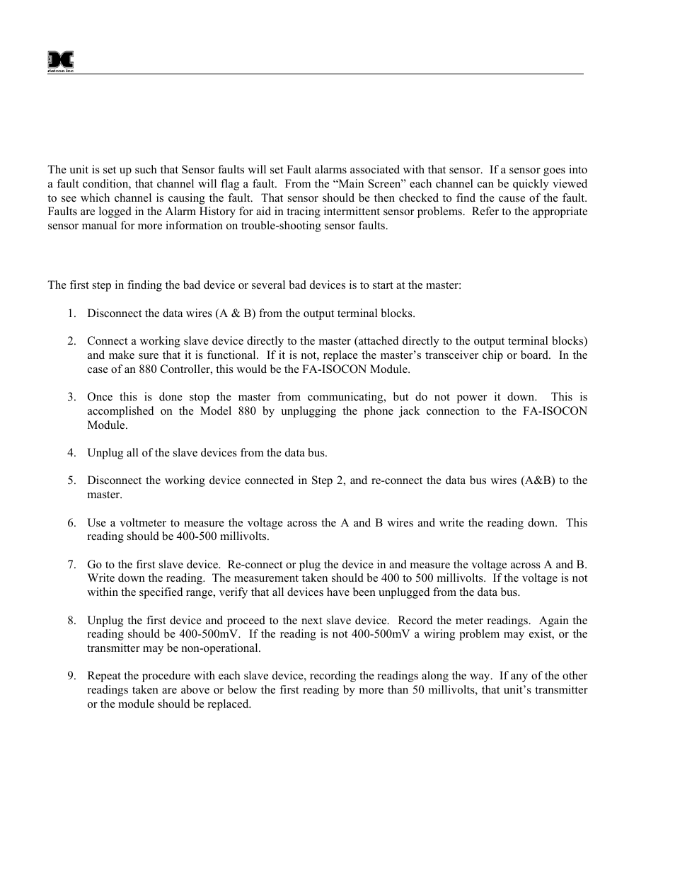 0 trouble-shooting, 1 sensor faults, 2 troubleshooting rs485 networks | Trouble-shooting, Sensor faults, Troubleshooting rs485 networks | Detcon 880S-N1R User Manual | Page 32 / 45