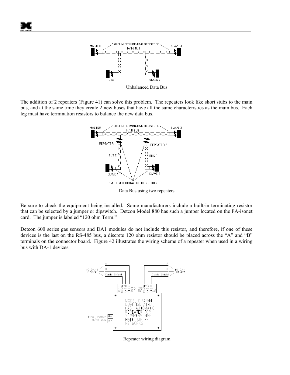 Figure 40 unbalanced data bus, Figure 41 data bus using two repeaters, Figure 42 repeater wiring diagram | Detcon 880S-N1R User Manual | Page 38 / 45