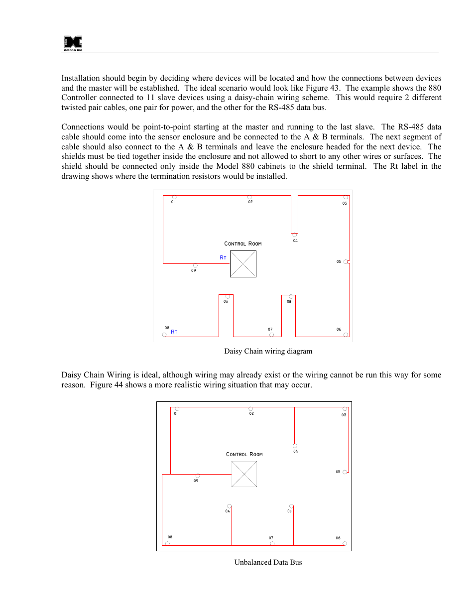 Figure 43 daisy chain wiring diagram, Figure 44 unbalanced data bus, Device hook-up | Detcon 880S-N1R User Manual | Page 39 / 45