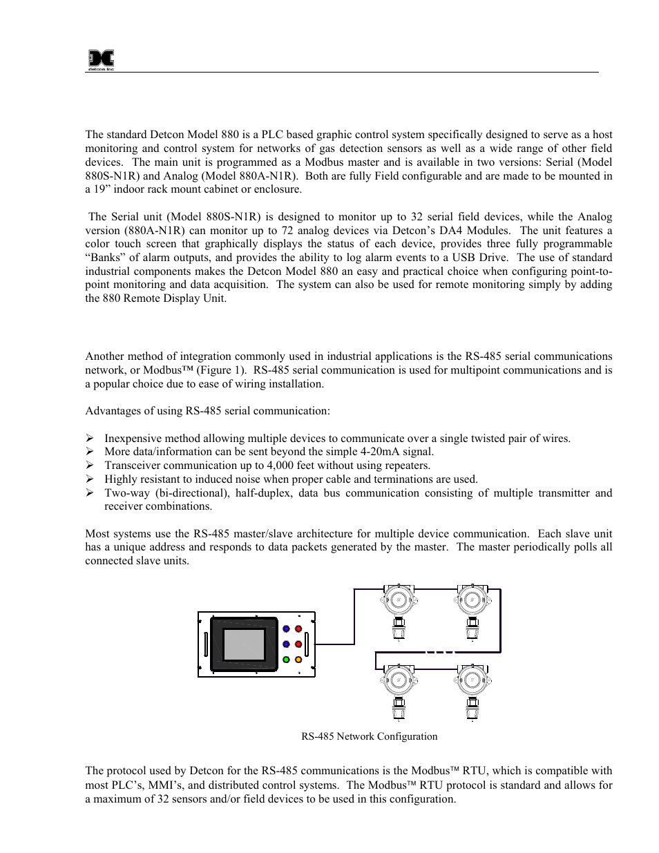 0 introduction, 1 serial systems (rs-485), Introduction | Serial systems (rs-485), Figure 1 rs-485 network configuration | Detcon 880S-N1R User Manual | Page 5 / 45