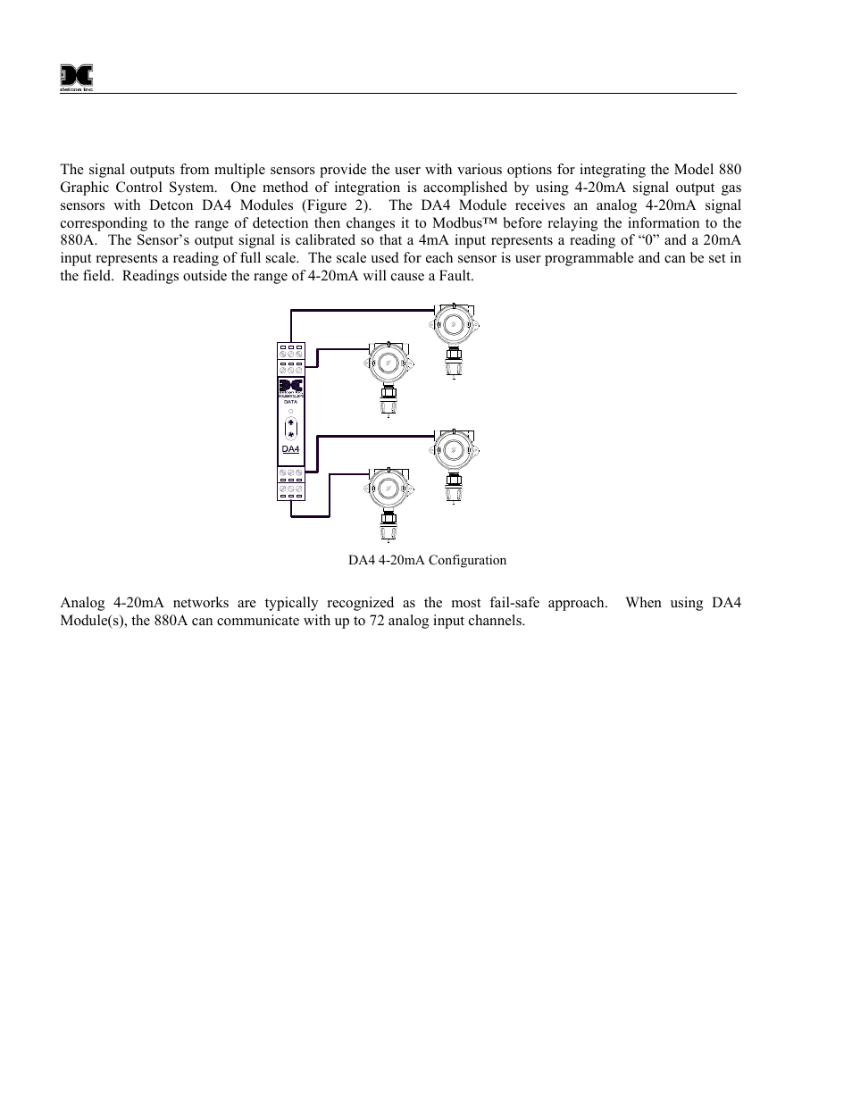 2 analog systems (4-20ma sensors), Analog systems (4-20ma sensors), Figure 2 da4 4-20ma configuration | Detcon 880S-N1R User Manual | Page 6 / 45