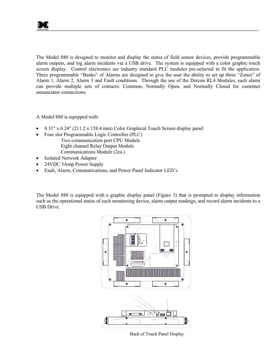 0 system configuration, 1 configuration, 2 touch panel graphic display | System configuration, Configuration, Touch panel graphic display, Figure 3 back of touch panel display, A model 880 is equipped with | Detcon 880S-N1R User Manual | Page 7 / 45