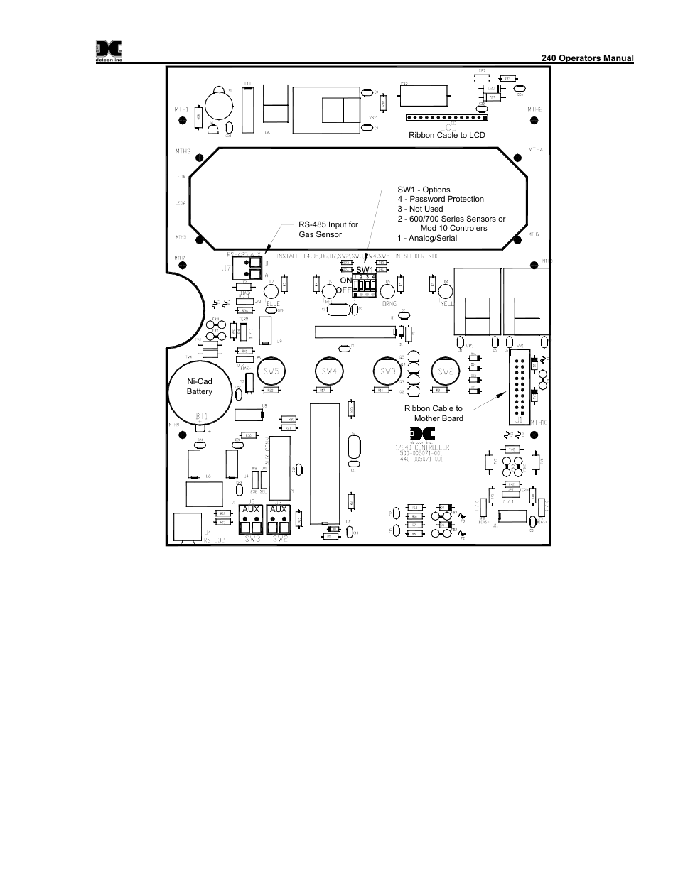 4 serial input gas sensors, Serial input gas sensors, Figure 5 control board layout | Pcb. (refer to figure 5, See figure 5 | Detcon 240 User Manual | Page 11 / 33