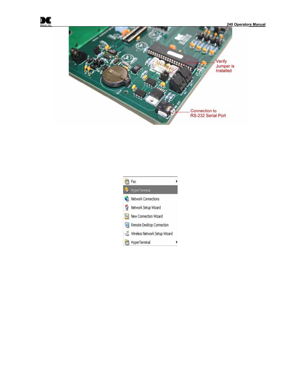 Figure 10 serial connection and jumper locations, Figure 11 invoking hyper terminal | Detcon 240 User Manual | Page 25 / 33
