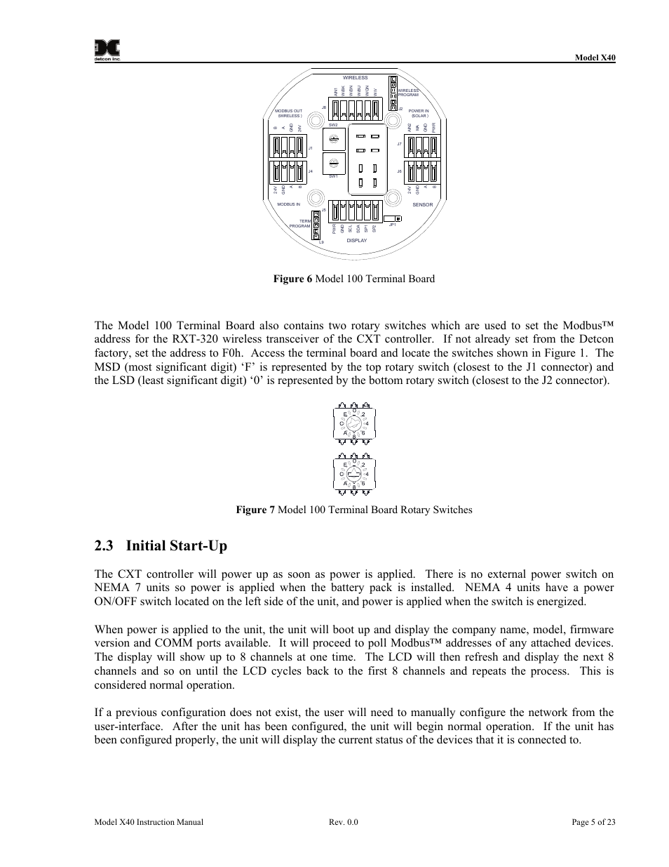 3 initial start-up, Initial start-up, Figure 6 model 100 terminal board | Figure 7 model 100 terminal board rotary switches, Model x40 | Detcon CXT-N7 User Manual | Page 11 / 28