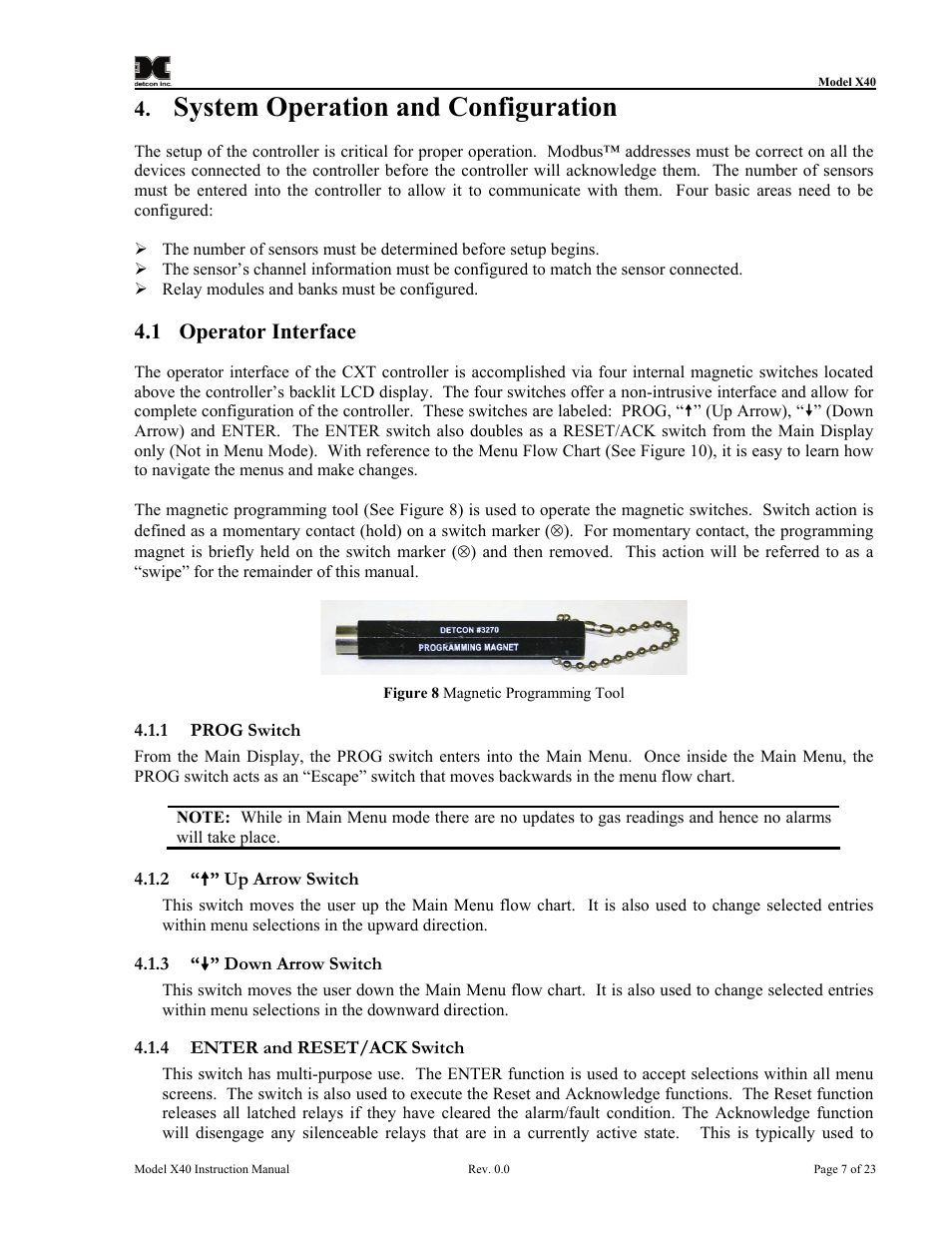 System operation and configuration, 1 operator interface, 1 prog switch | 2 “(” up arrow switch, 3 “(” down arrow switch, 4 enter and reset/ack switch, Operator interface, Prog switch, Up arrow switch, Down arrow switch | Detcon CXT-N7 User Manual | Page 13 / 28