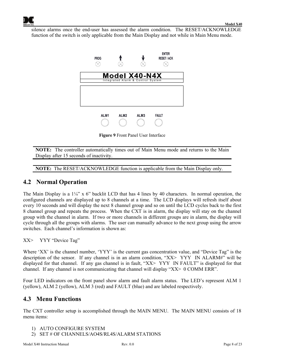 2 normal operation, 3 menu functions, Normal operation | Menu functions, Figure 9 front panel user interface | Detcon CXT-N7 User Manual | Page 14 / 28