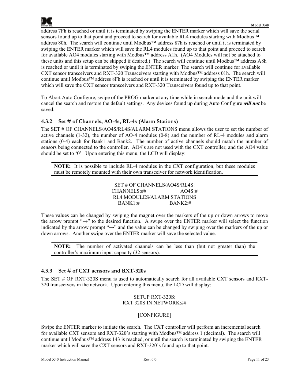 2 set # of channels, ao-4s, rl-4s (alarm stations), 3 set # of cxt sensors and rxt-320s, Set # of channels, ao-4s, rl-4s (alarm stations) | Detcon CXT-N7 User Manual | Page 17 / 28