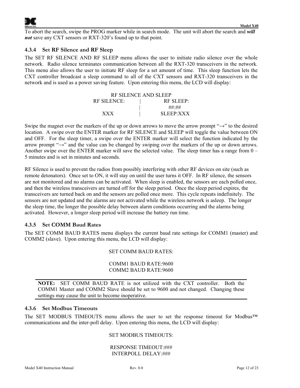 4 set rf silence and rf sleep, 5 set comm baud rates, 6 set modbus timeouts | Set comm baud rates, Set modbus timeouts | Detcon CXT-N7 User Manual | Page 18 / 28