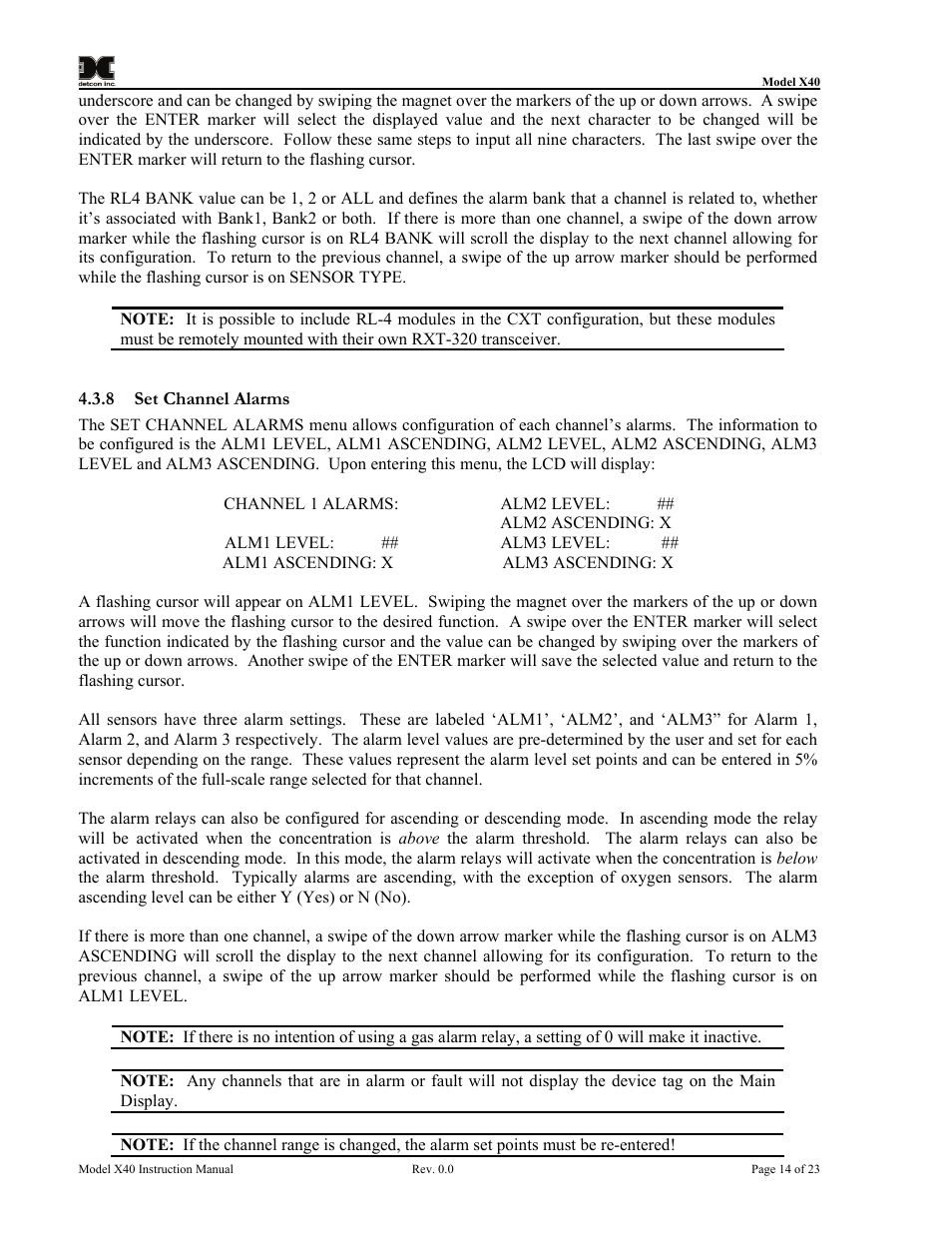 8 set channel alarms, Set channel alarms | Detcon CXT-N7 User Manual | Page 20 / 28