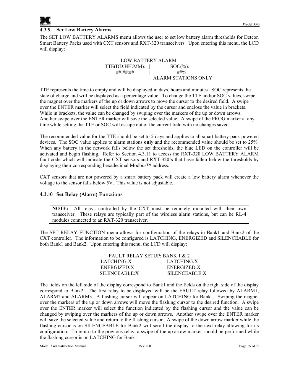 9 set low battery alarms, 10 set relay (alarm) functions, Set low battery alarms | Set relay (alarm) functions | Detcon CXT-N7 User Manual | Page 21 / 28