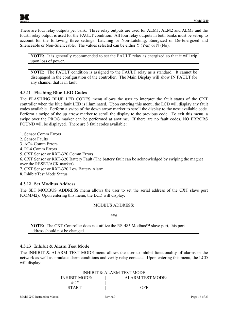 11 flashing blue led codes, 12 set modbus address, 13 inhibit & alarm test mode | Flashing blue led codes, Set modbus address, Inhibit & alarm test mode | Detcon CXT-N7 User Manual | Page 22 / 28