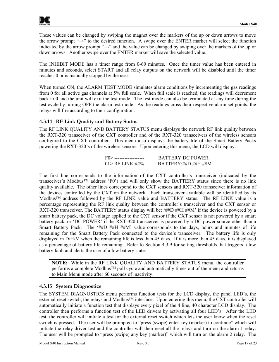 14 rf link quality and battery status, 15 system diagnostics, System diagnostics | Detcon CXT-N7 User Manual | Page 23 / 28