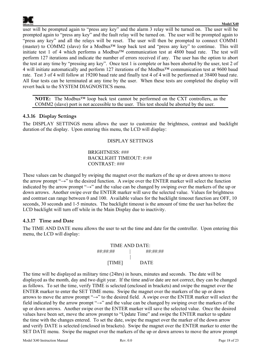 16 display settings, 17 time and date, Display settings | Time and date | Detcon CXT-N7 User Manual | Page 24 / 28