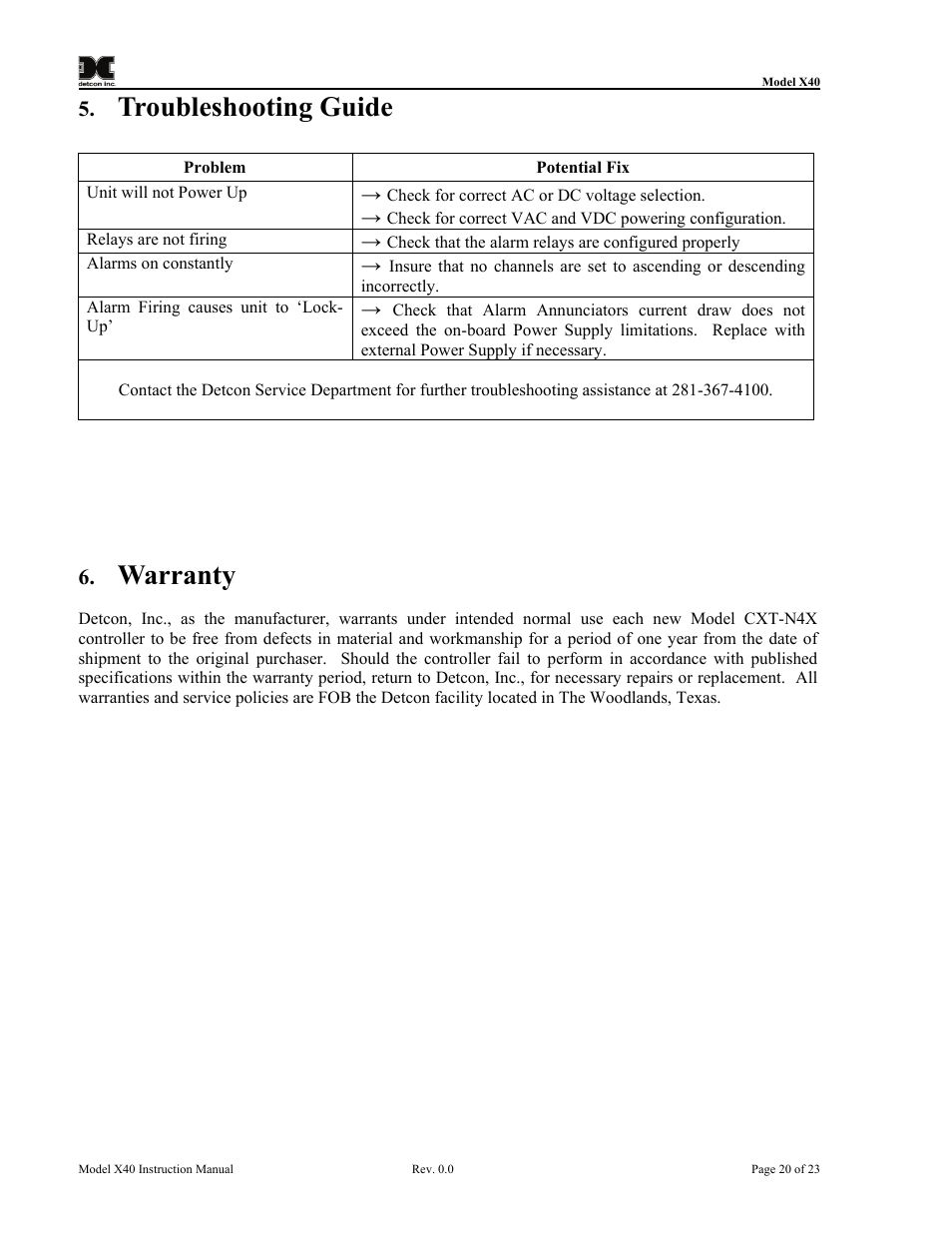 Troubleshooting guide, Warranty | Detcon CXT-N7 User Manual | Page 26 / 28