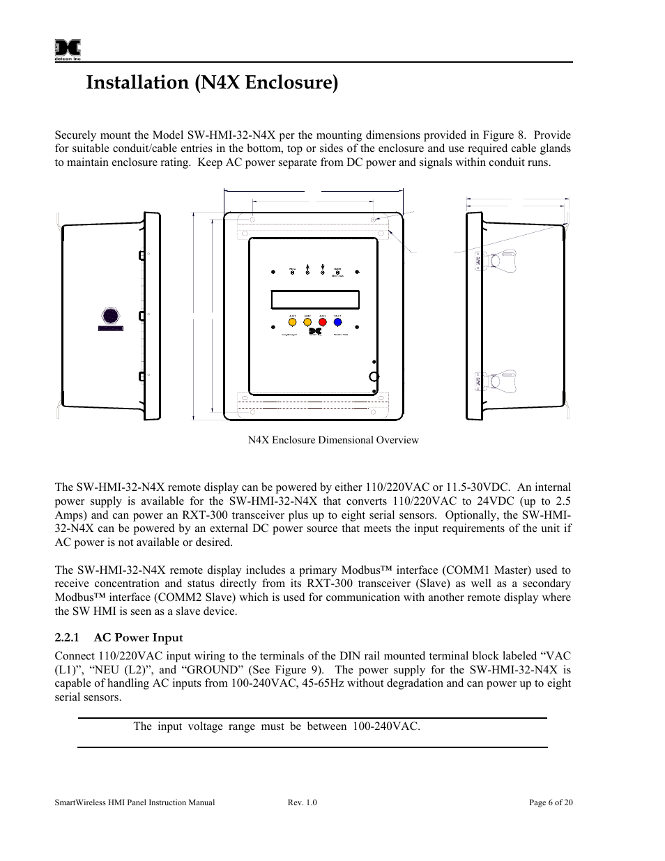 0 installation (n4x enclosure), 1 mounting, 2 power & modbus connections | 1 ac power input, Installation (n4x enclosure), Mounting, Power & modbus connections, Ac power input, Figure 8 n4x enclosure dimensional overview | Detcon SW-HMI-32-N7 User Manual | Page 10 / 24