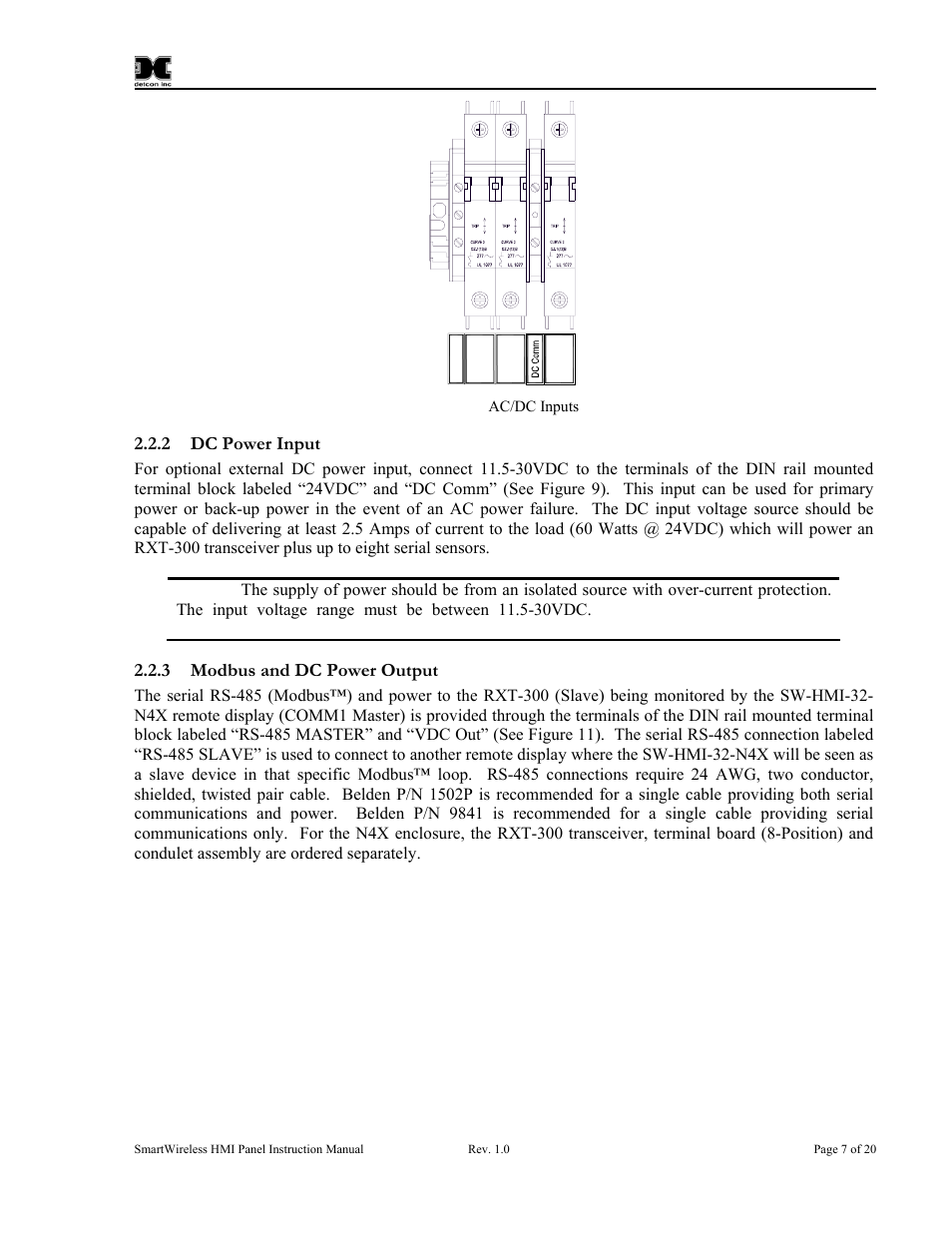 2 dc power input, 3 modbus and dc power output, Dc power input | Modbus and dc power output, Figure 9 ac/dc inputs | Detcon SW-HMI-32-N7 User Manual | Page 11 / 24