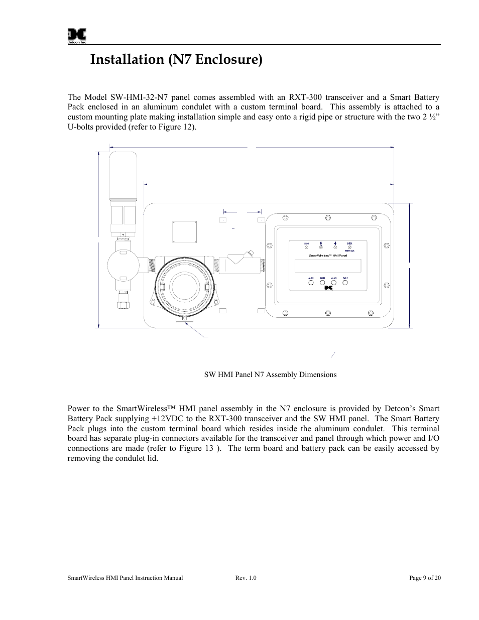 0 installation (n7 enclosure), 1 mounting, 2 modbus & power connections | Installation (n7 enclosure), Mounting, Modbus & power connections, Figure 12 sw hmi panel n7 assembly dimensions | Detcon SW-HMI-32-N7 User Manual | Page 13 / 24