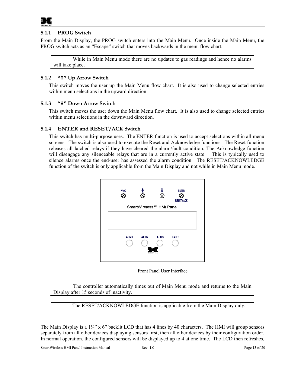 1 prog switch, 2 “(” up arrow switch, 3 “(” down arrow switch | 4 enter and reset/ack switch, 2 main display functions, Prog switch, Up arrow switch, Down arrow switch, Enter and reset/ack switch, Main display functions | Detcon SW-HMI-32-N7 User Manual | Page 17 / 24