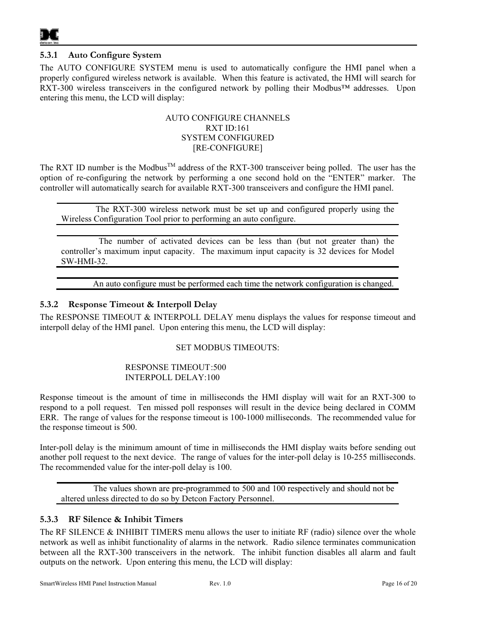 1 auto configure system, 2 response timeout & interpoll delay, 3 rf silence & inhibit timers | Auto configure system, Response timeout & interpoll delay, Rf silence & inhibit timers | Detcon SW-HMI-32-N7 User Manual | Page 20 / 24