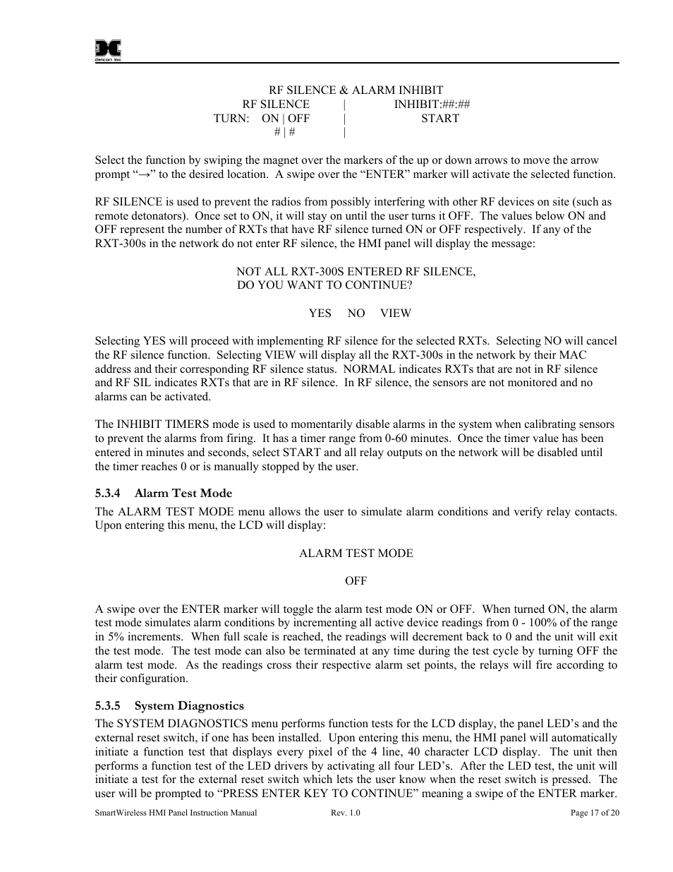 4 alarm test mode, 5 system diagnostics, Alarm test mode | System diagnostics | Detcon SW-HMI-32-N7 User Manual | Page 21 / 24