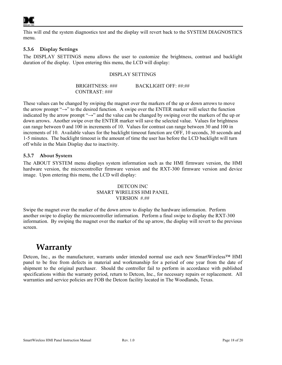 6 display settings, 7 about system, 0 warranty | Display settings, About system, Warranty | Detcon SW-HMI-32-N7 User Manual | Page 22 / 24