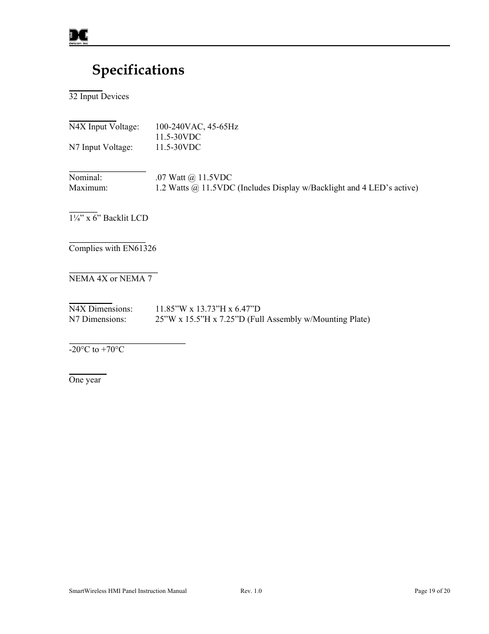 0 specifications, Specifications | Detcon SW-HMI-32-N7 User Manual | Page 23 / 24