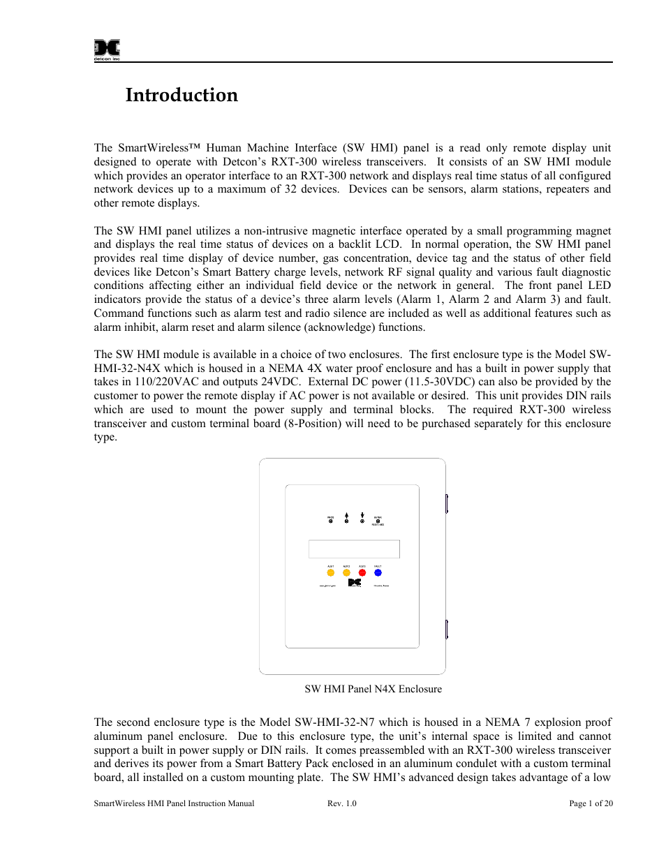 0 introduction, 1 description, Introduction | Description, Figure 1 sw hmi panel n4x enclosure | Detcon SW-HMI-32-N7 User Manual | Page 5 / 24