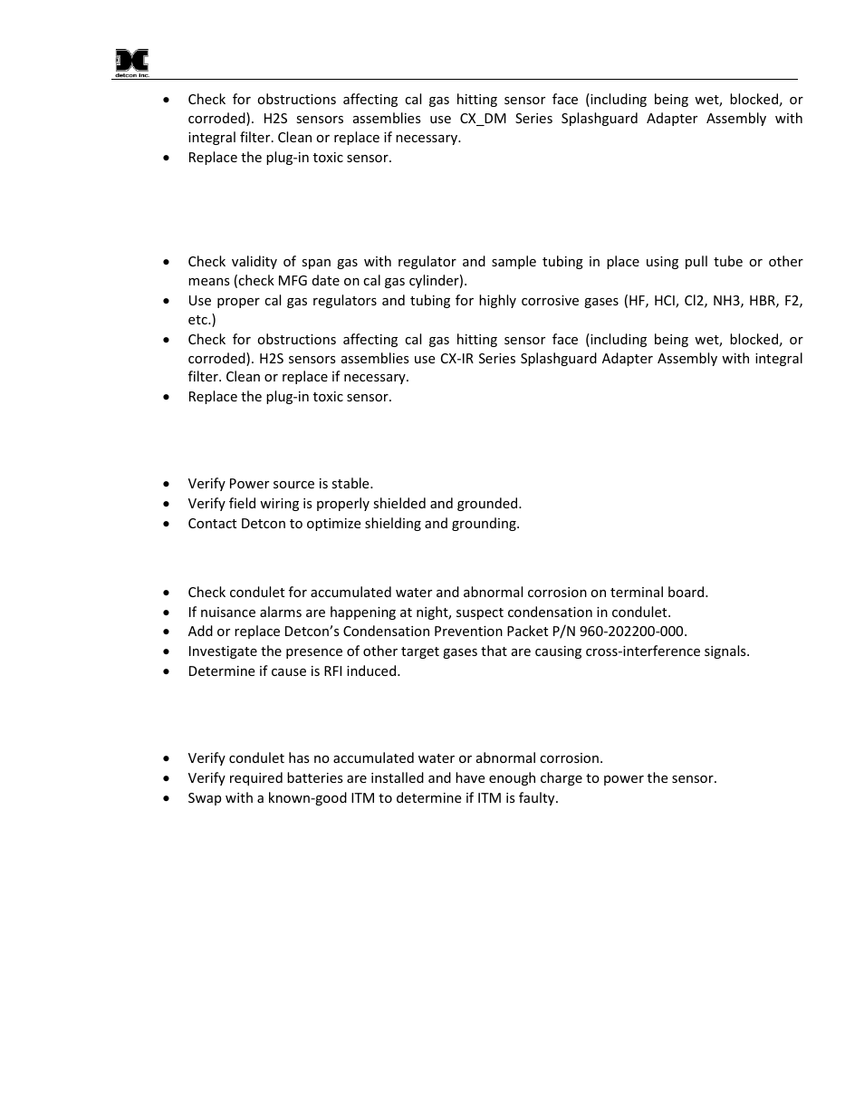4 poor calibration repeatability, 5 unstable output/ sudden spiking, 6 nuisance alarms | Poor calibration repeatability, Unstable output/ sudden spiking, Nuisance alarms | Detcon CX-IR User Manual | Page 33 / 38